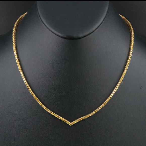 14K Gold 8.83 Carat Fancy Yellow Diamond Chevron Rivière Necklace - Picture 1 of 5